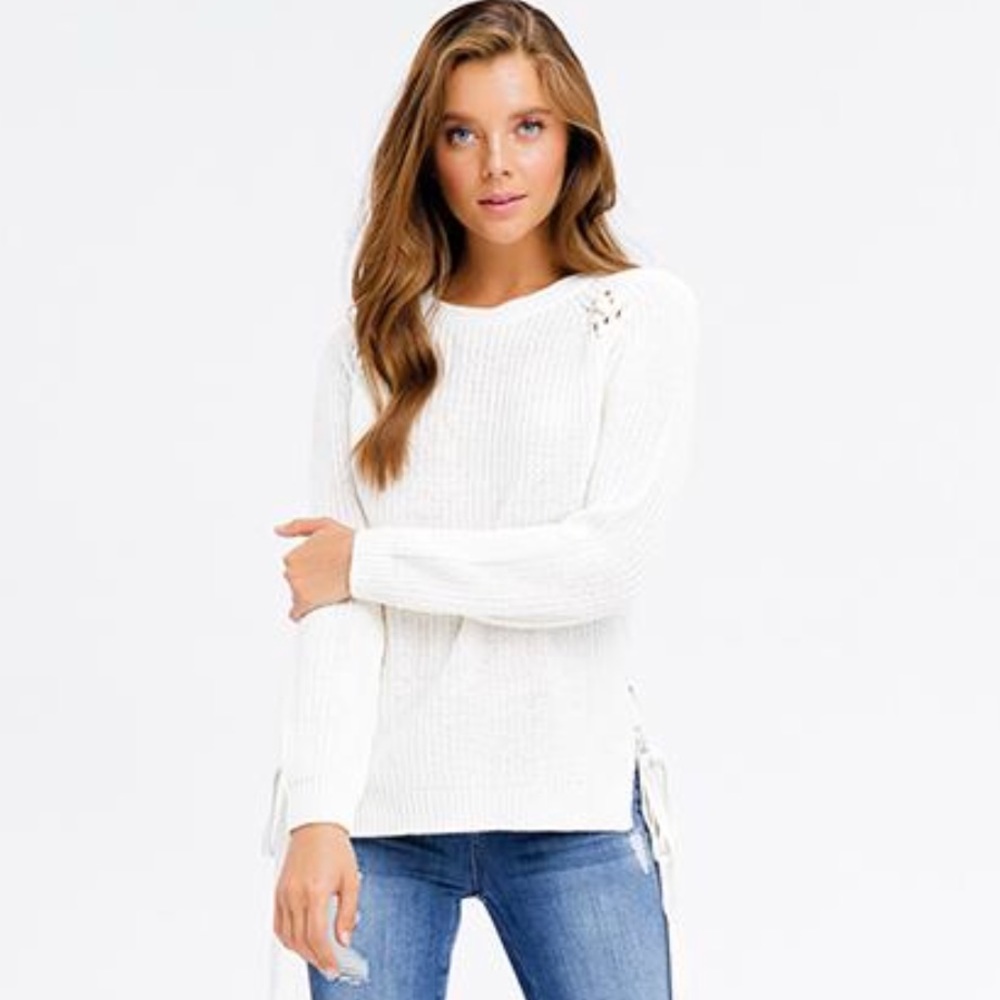 Ivory Lace Up Knit Sweater